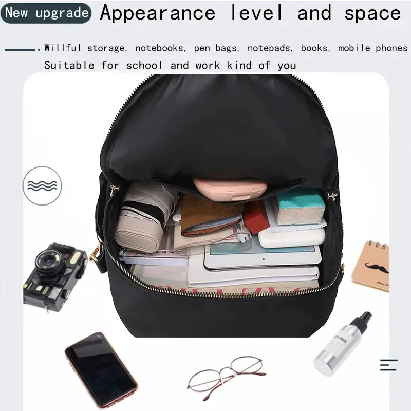 Backpack by Simples Market; black nylon travel bag filled with notebooks, tablets and accessories