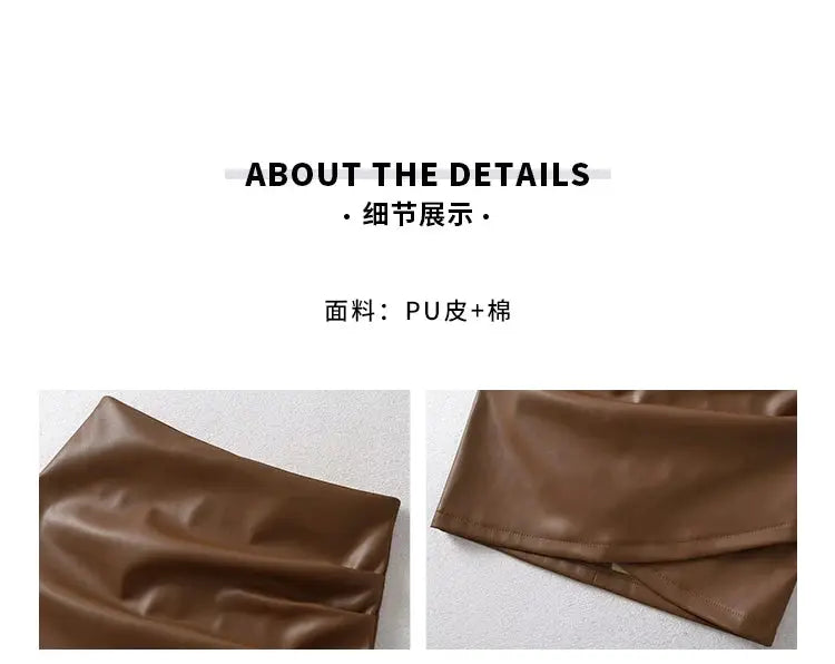 WOMENGAGA brown PU leather short skirt; two close-up views show wrinkle-wrapped hem and stitching