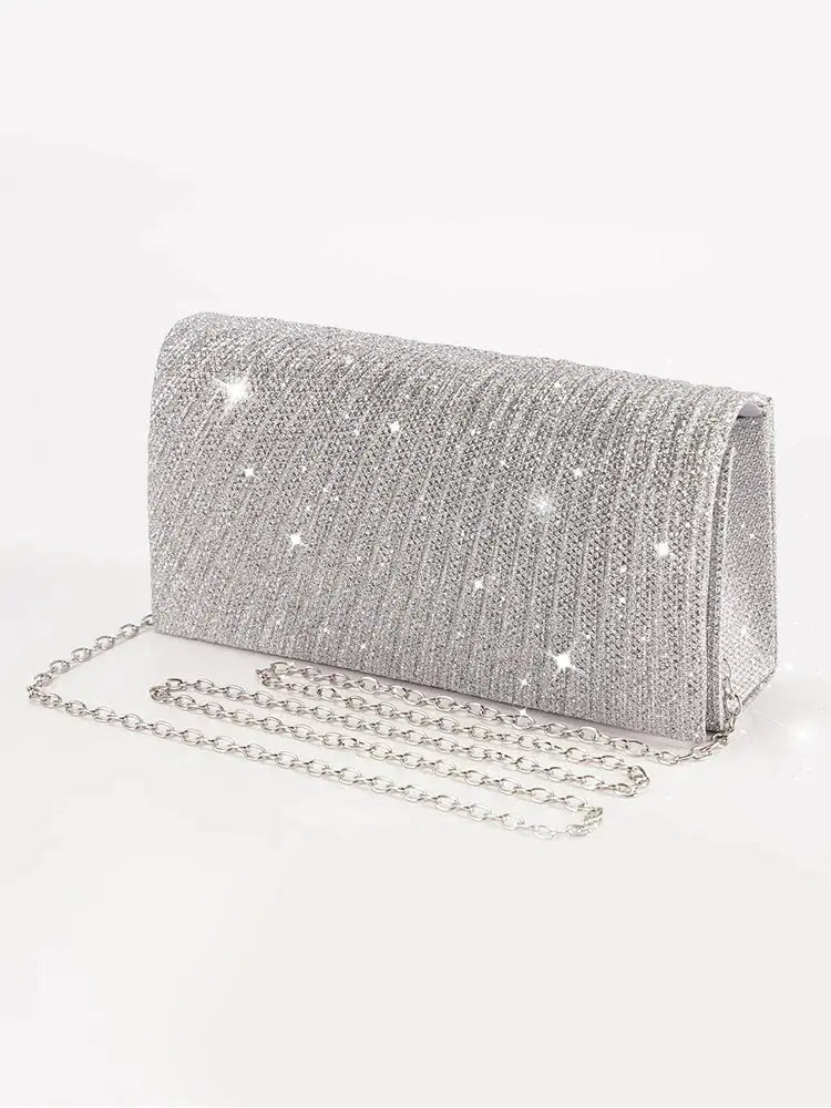 Women's silver glitter evening clutch from Simples Market with chain strap