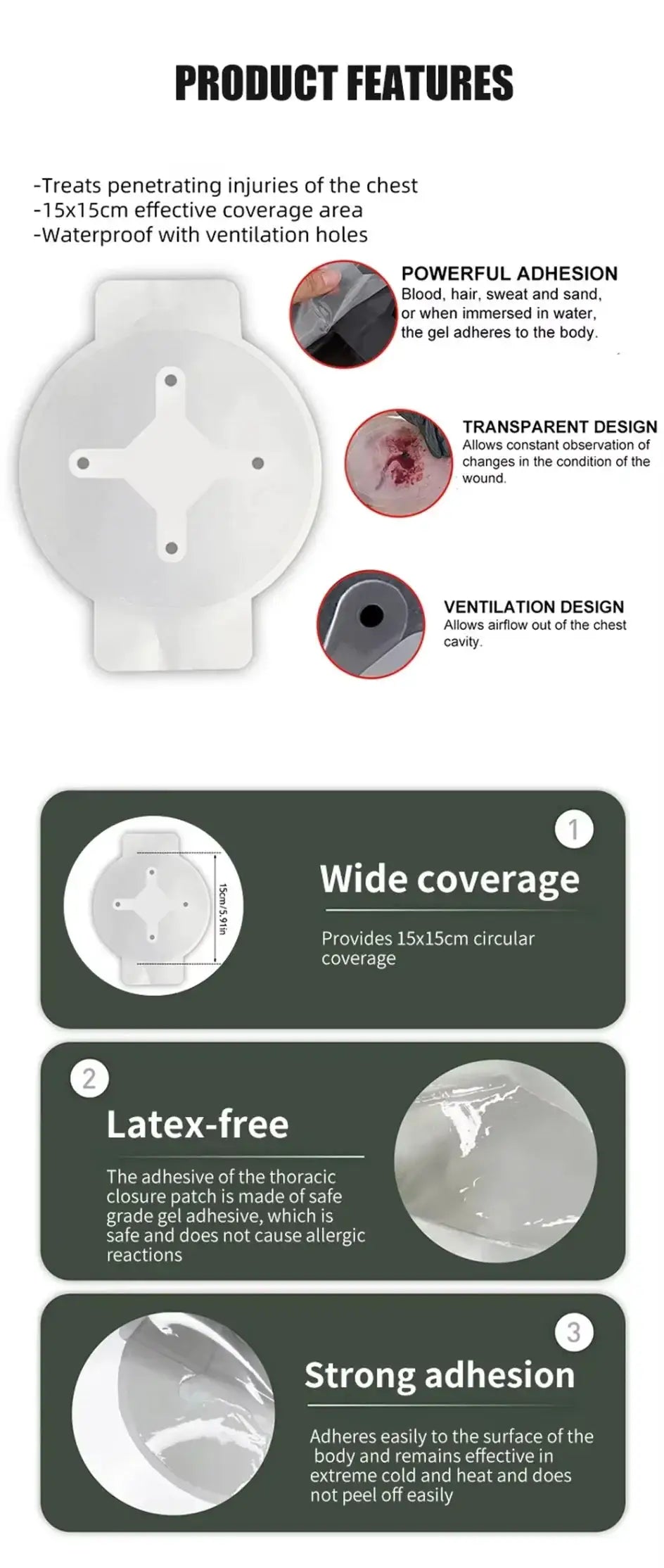 Simples Market chest seal; white circular sterile adhesive device with transparent vented design and 15x15 cm coverage.