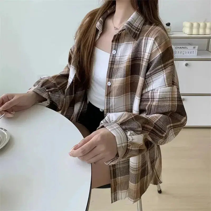 Plaid shirt for women by Simples Market, vintage loose check blouse in brown beige tones with long sleeves