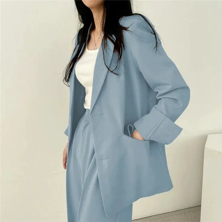 Blue women's blazer and pants 2-piece set, long-sleeve casual fall outfit by Simples Market.