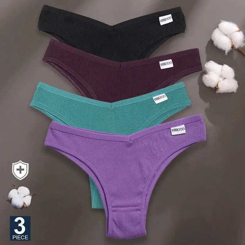 FINETOO cotton thong underwear 4-piece set in black, burgundy, teal, and purple