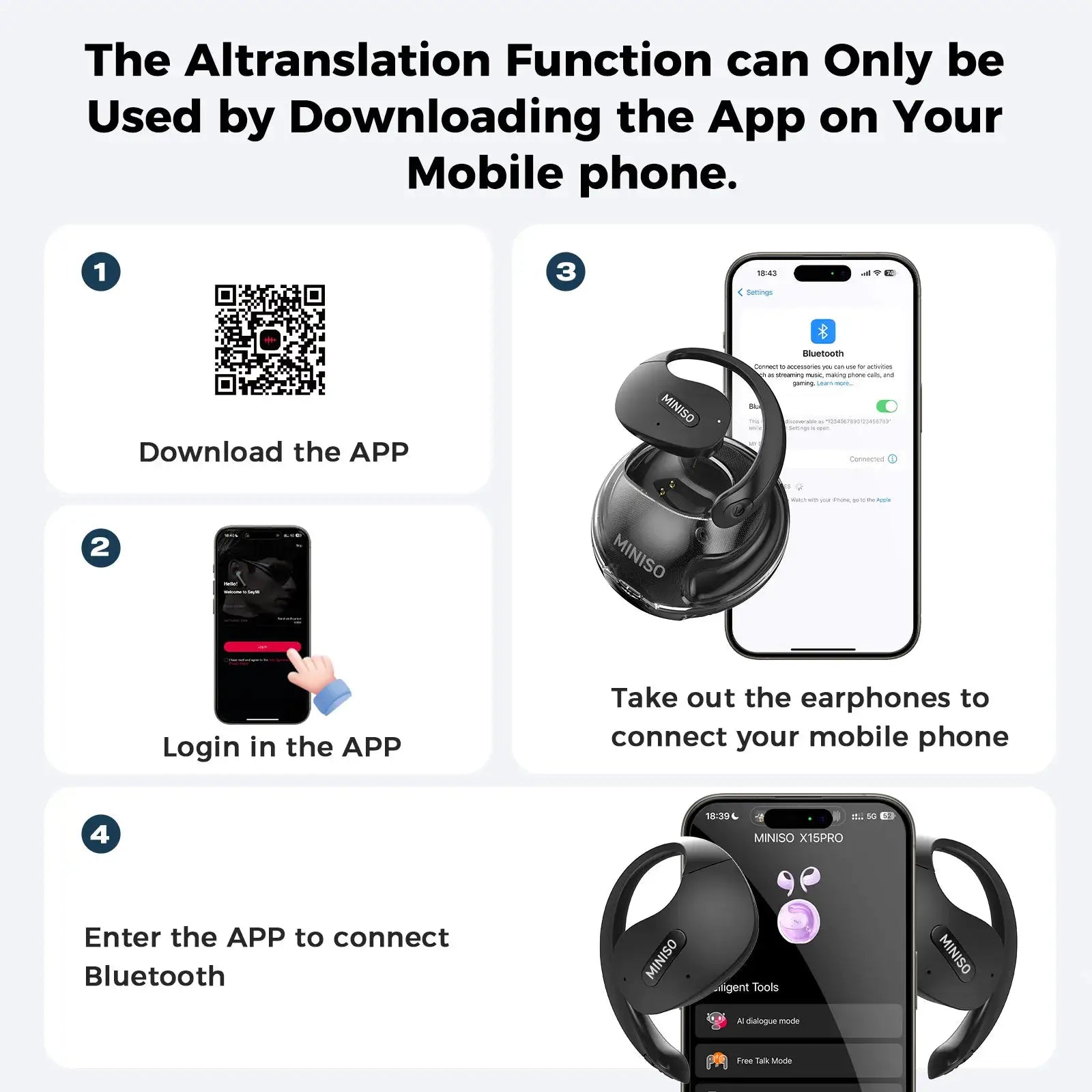 MINISO X15Pro translation Bluetooth headset in black with companion app for office travel