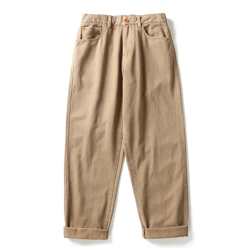 Beige men's cargo pants with straight-leg fit and rolled cuffs