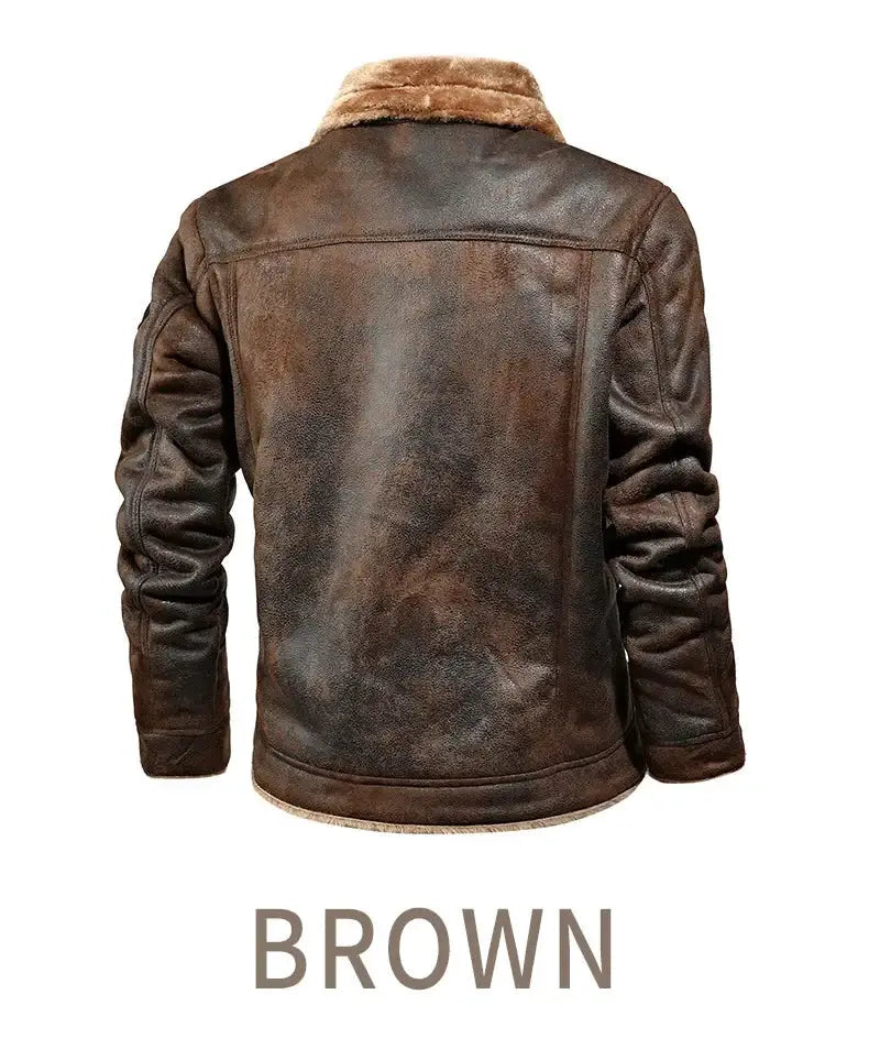 Men's brown leather fur-lined jacket by Simples Market; fleece-lined workwear coat