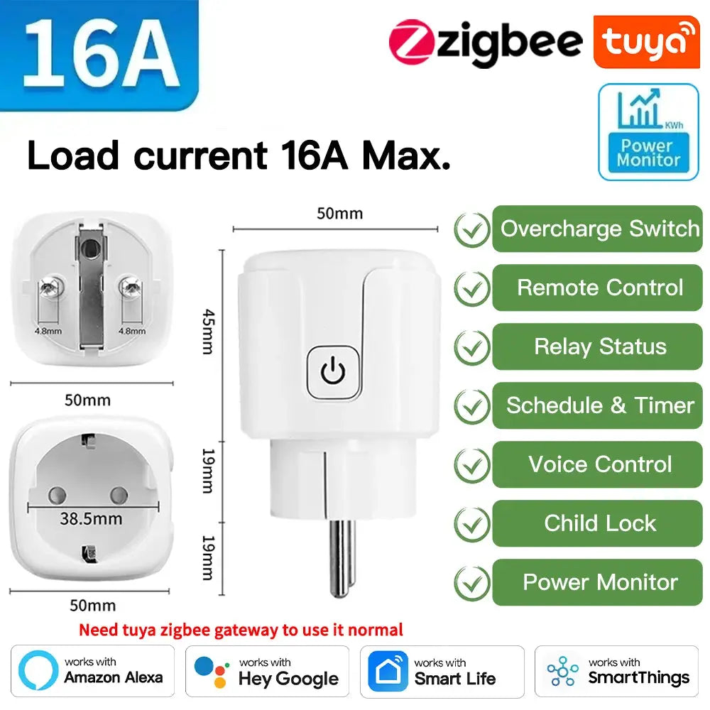 TNCE TUYA EU smart plug socket, 16A max, white power-monitoring Zigbee/Tuya device with timer and voice control