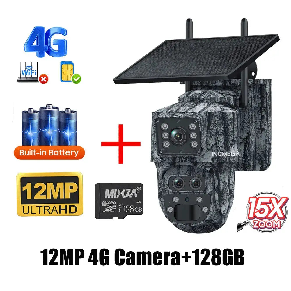 INQMEGA solar PTZ security camera with built-in battery and solar panel, 12MP UltraHD, 4G SIM, 15x zoom