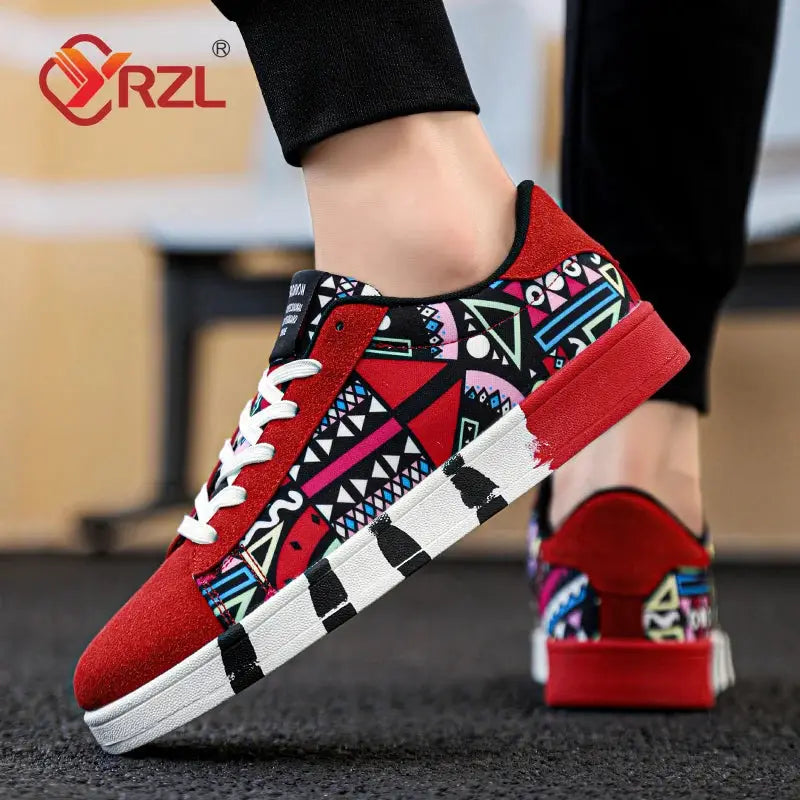 YRZL Men Canvas Sports Running Shoes Geometric Graffiti Print Lace Up Sneakers For Couples