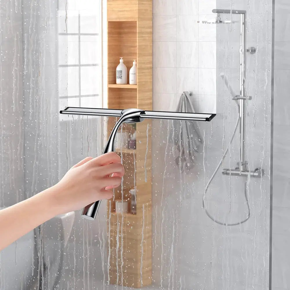 Matte black silicone shower squeegee with chrome handle for glass doors, mirrors, tiles