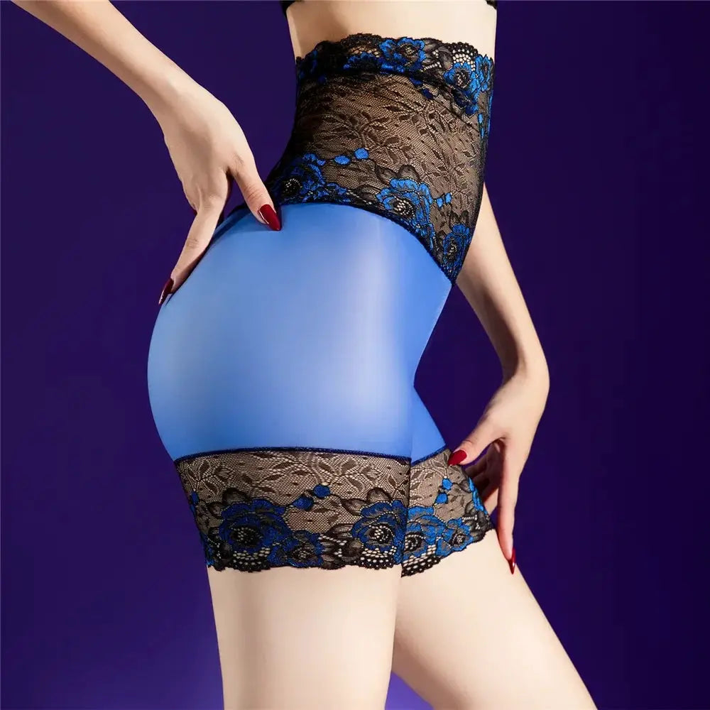 High-waist blue sheer boyshorts with black floral lace trim Simples Market