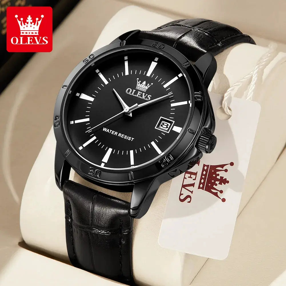 OLEVS men's black leather strap watch with date window and water resistance