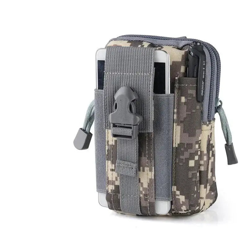 Tactical camouflage waist/leg bag with phone pocket, buckle strap, and compact front pouch