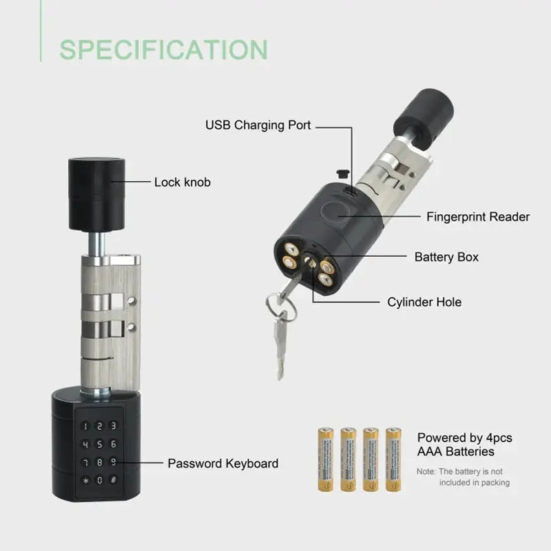 Simples Market Tuya APP fingerprint cylinder smart door lock with keypad; black and silver metal body