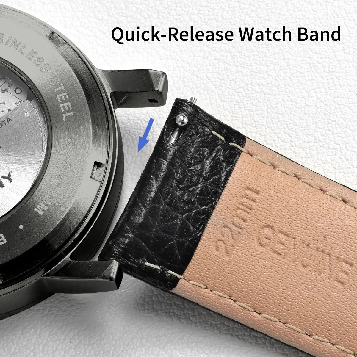 BERNY men's automatic wristwatch with quick-release two-tone black and tan leather strap and stainless steel case back