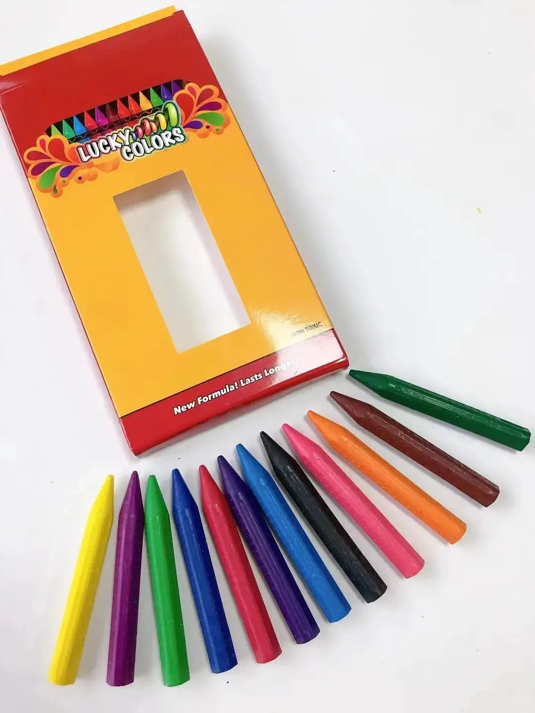 12-color wax crayon set from Simples Market in a yellow-orange Lucky Colors box with window; 12 assorted crayons shown.