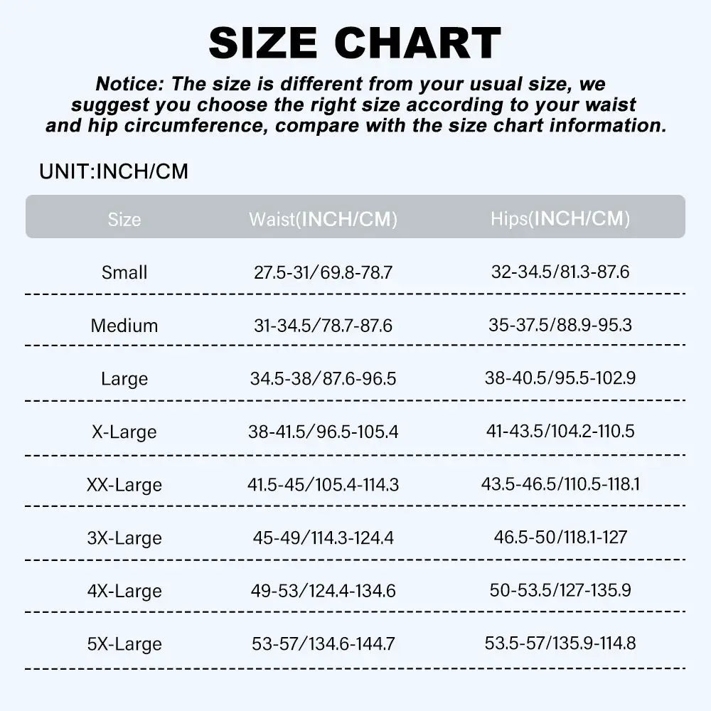 Molasus women's underwear size chart with waist and hip measurements from Small to 5X-Large.