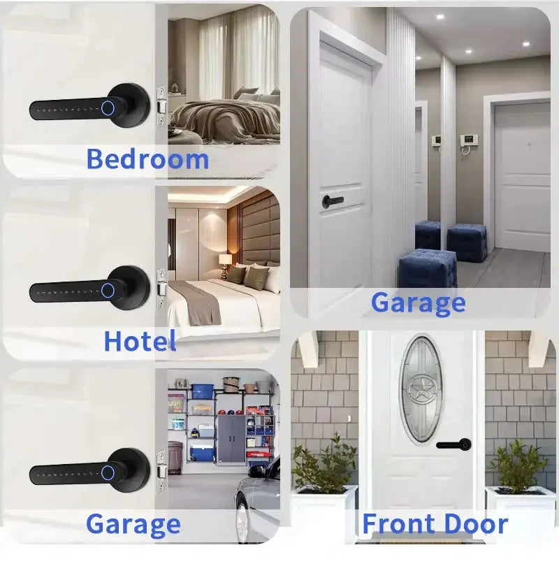TTLock Smart Door Lock by Simples Market; black lever with blue ring, shown on bedroom, hotel, garage and front door.
