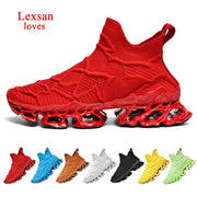 Red knit sneakers with sculpted bubble sole; also available in blue, brown, white, black, yellow and lime green