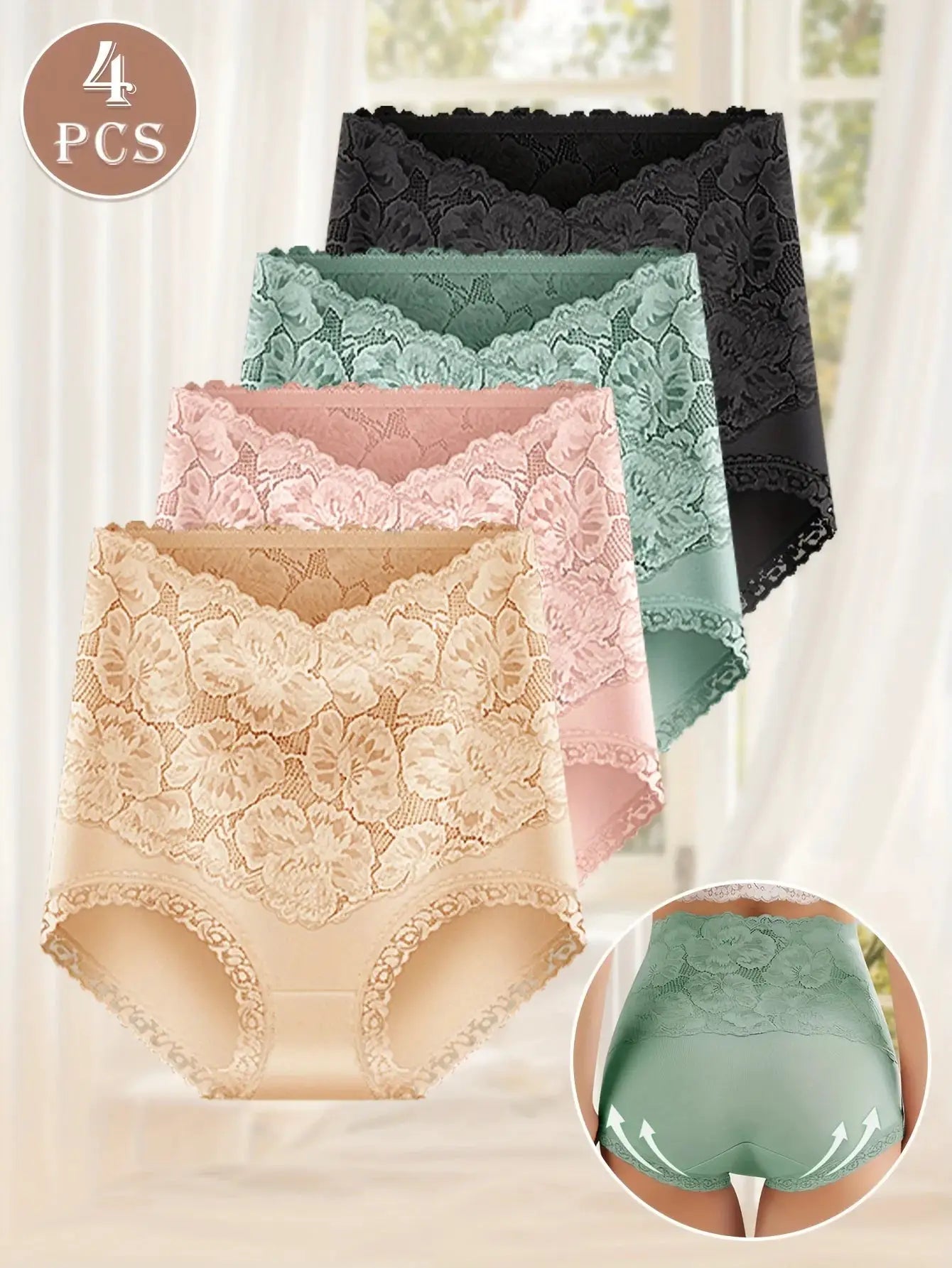 Simples Market 4-pack high-waisted lace panties; black, sage, pink, beige; jacquard floral lace, hip shaping, cotton blend.