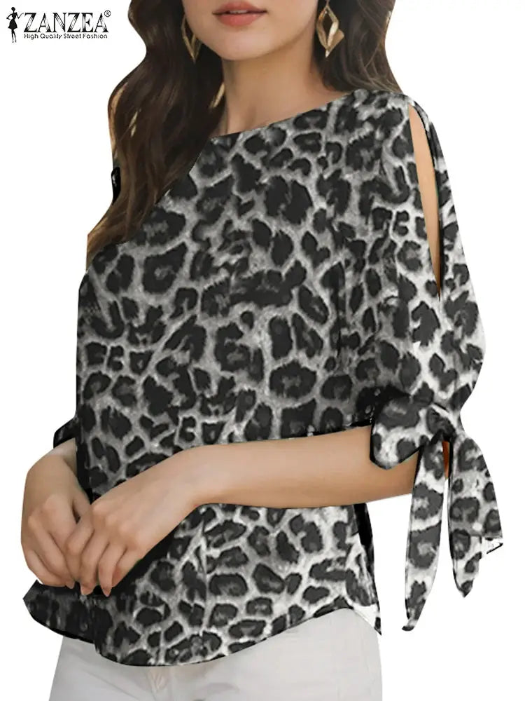 ZANZEA Leopard Print Blouse Women Lace Up Bohemian Short Sleeve Top