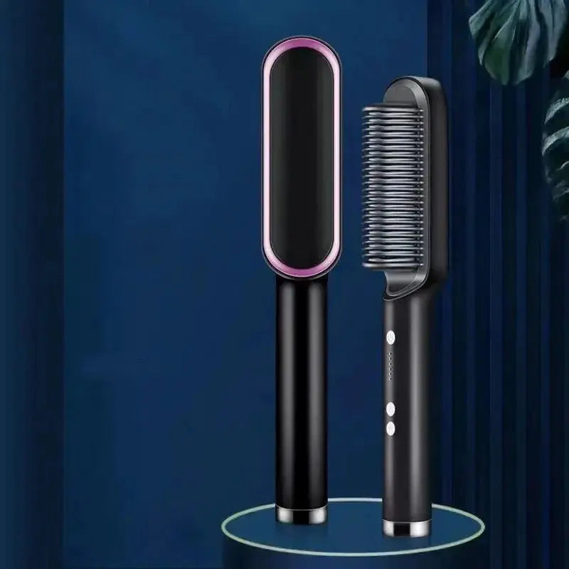Simples Market electric PTC heat straightening brush and 3-in-1 hair dryer comb, black with pink trim (2-piece set)
