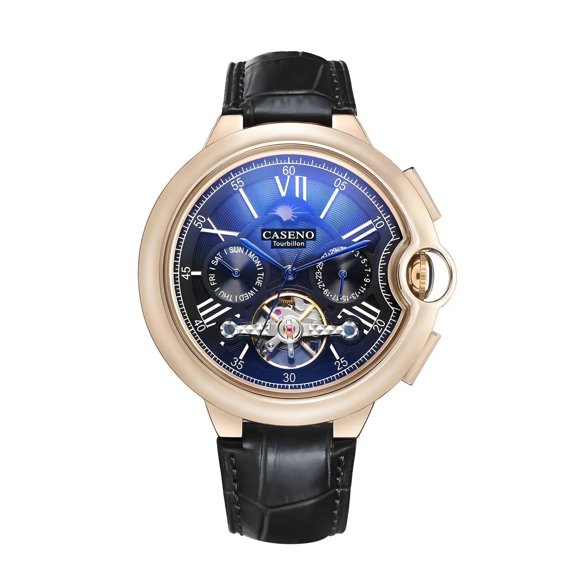 CASENO Star Roman Grand men's fully automatic tourbillon watch with rose-gold case and black leather strap