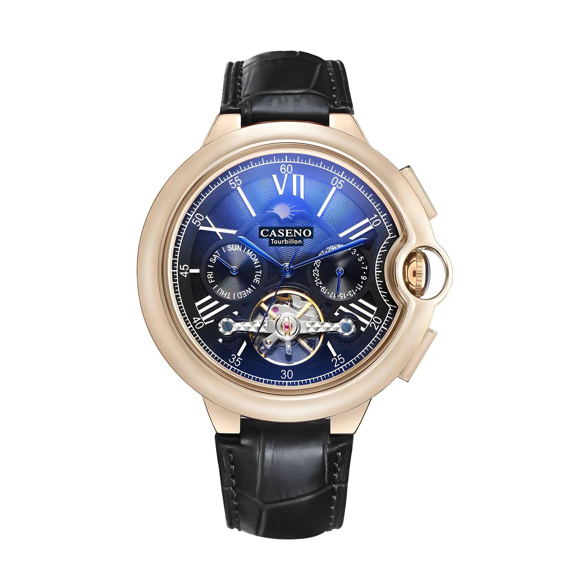 CASENO Star Roman Grand men's fully automatic tourbillon watch with rose-gold case and black leather strap