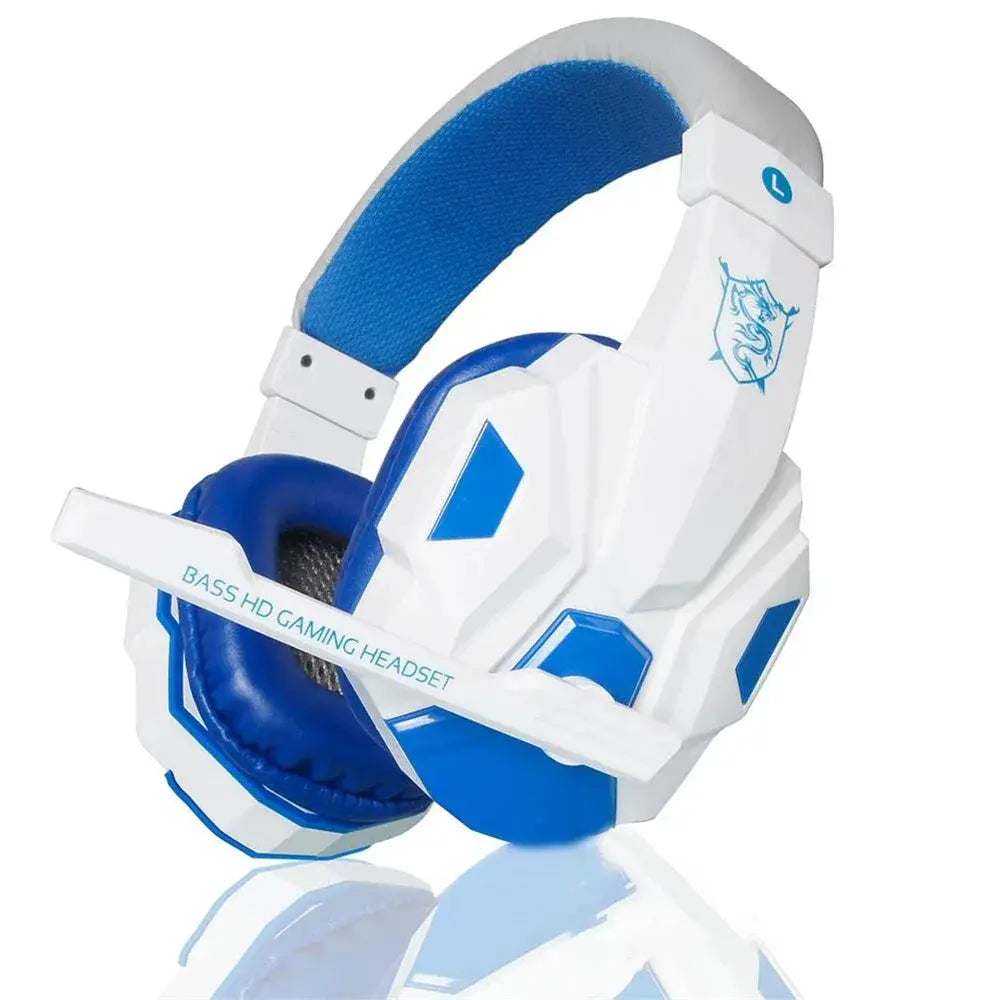 Simples Market wired gaming headset with microphone, white and blue, blue ear cushions