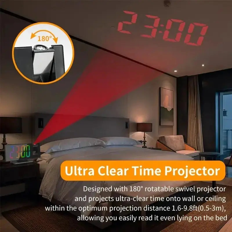 Projection alarm clock with 180° rotatable projector and large red time display on ceiling; two clocks visible.