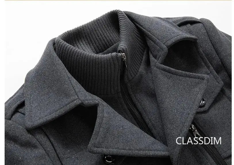 Men's gray wool-blend cashmere trench coat by Simples Market; Classdim watermark visible.