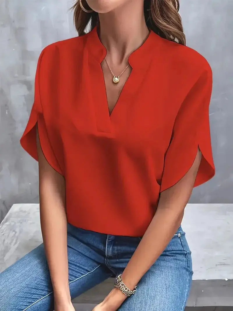 Women's red-orange V-neck short-sleeve blouse, loose pullover top for casual office wear