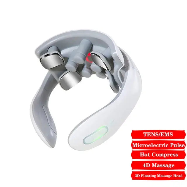 Neck massager by Simples Market, white and gray rechargeable device with metal massage heads and green LED indicator