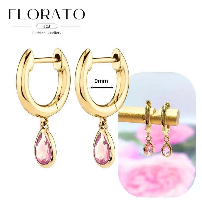 Pair of gold-tone hoop earrings with pink teardrop zircon pendants, 9mm inner diameter, FLORATO 925 fashion jewellery