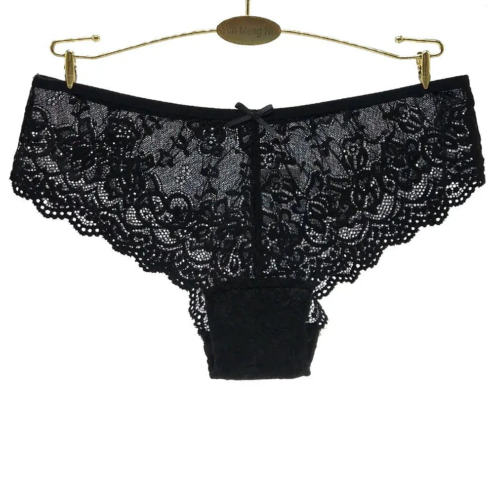 Black lace panties, low-waist with floral hollow-out lace, breathable underwear
