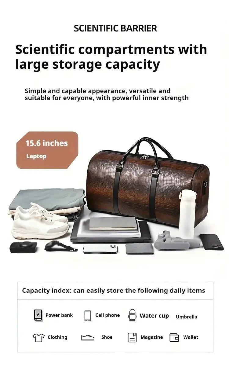 Duffel bag, large-capacity crocodile-textured brown travel bag with black handles, unisex design