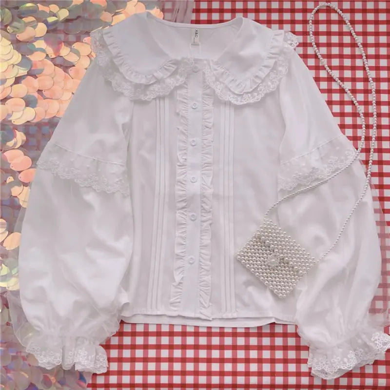 Simples Market Lolita blouse, white with Peter Pan lace collar, ruffles, long puff sleeves; pearl square purse (2 items)