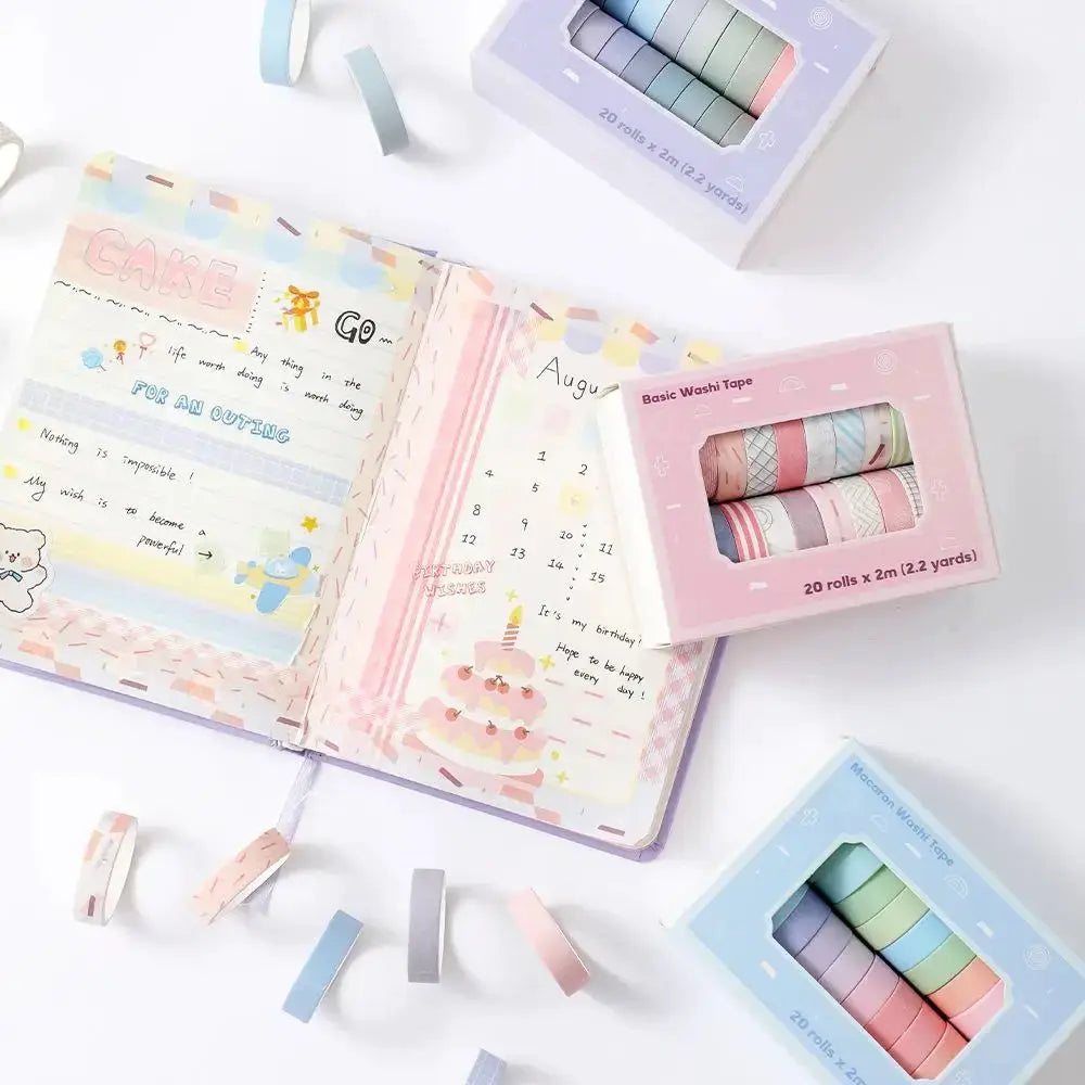 Washi tape set by Simples Market, 3-pack pastel colorful slim tapes, 20 rolls x 2m, 10mm wide