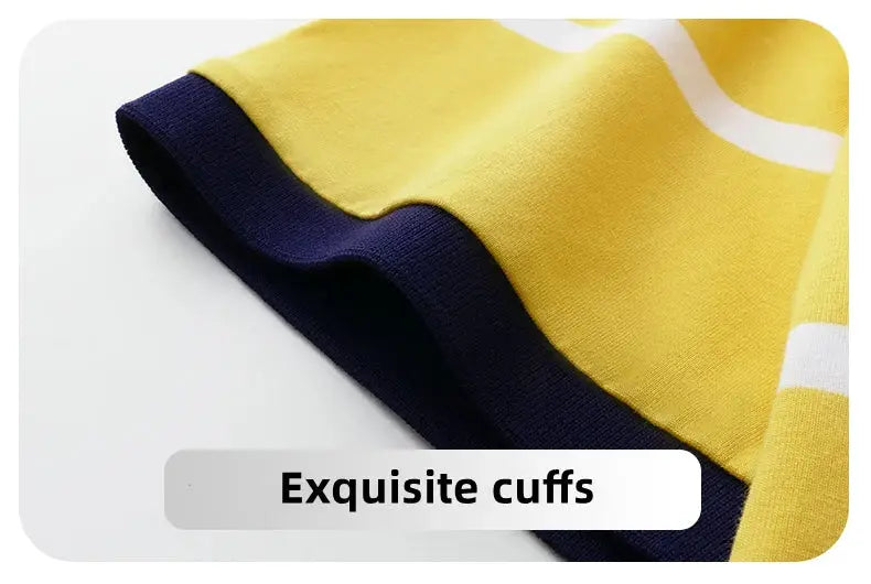 Yellow striped polo shirt for men with navy ribbed cuffs; breathable, business-casual style.