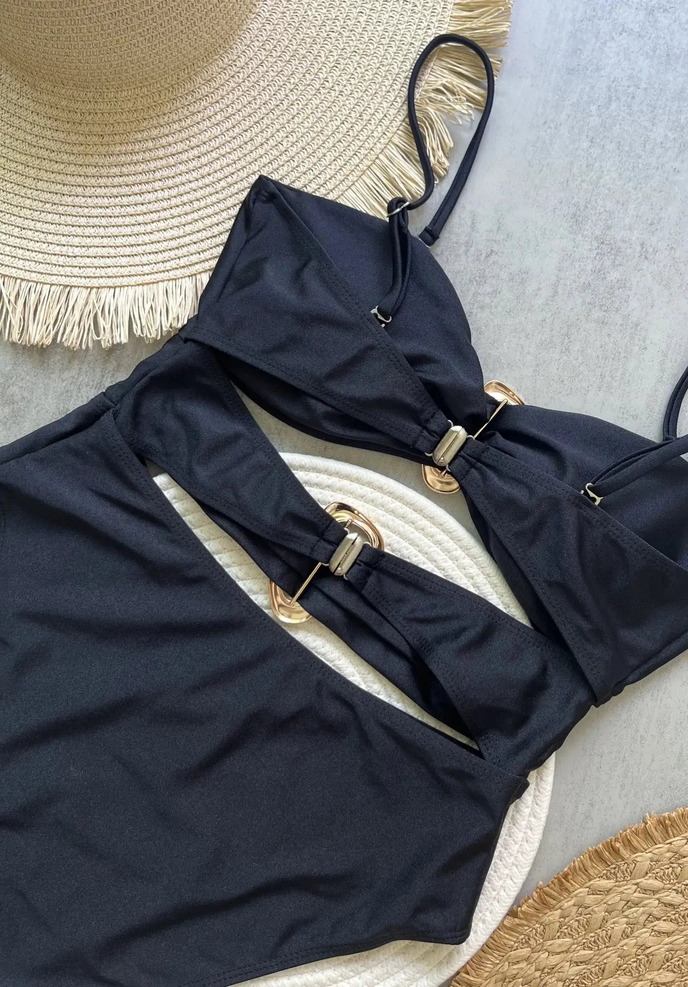 3 Colors Sexy Metal Rings Cut Out Women Neoprene Swimwear One Piece Bandeau High Leg Bathing Suit