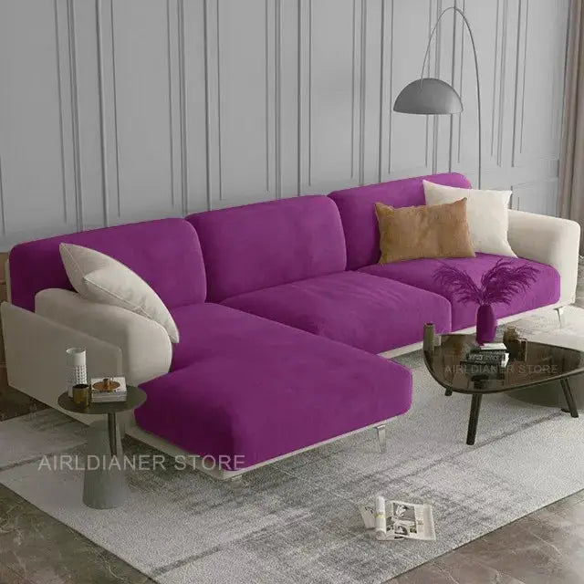 Velvet sofa cover set in purple for a sectional with elastic fit; modern living room protection.