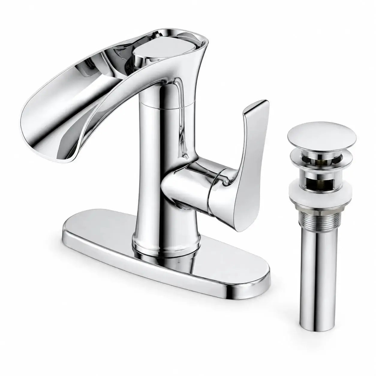 Modern Waterfall Bathroom Faucet by Simples Market, brushed nickel finish; 4-in centerset dual-handle with pop-up drain
