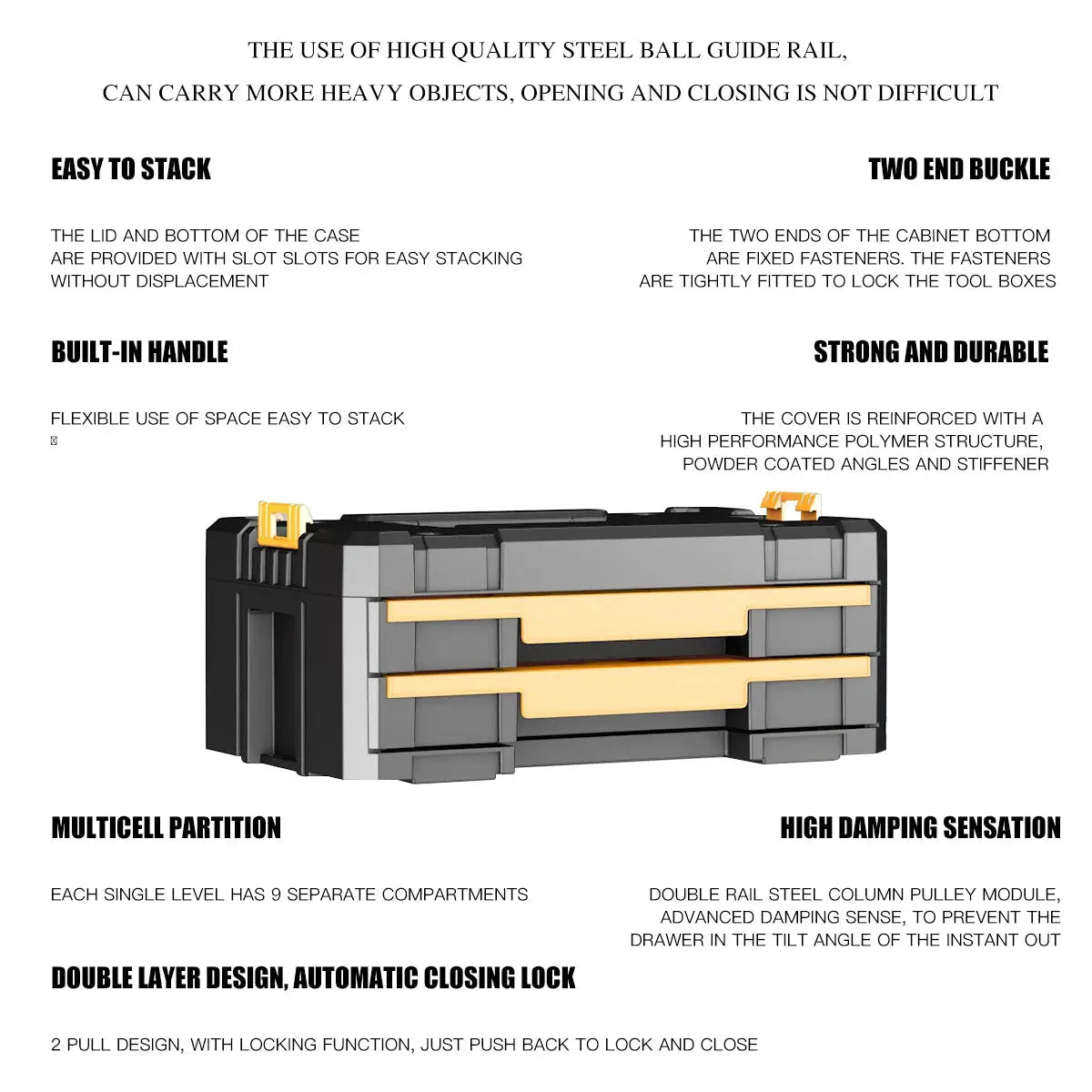 AIRAJ stackable modular toolbox set, gray with orange handles and built-in handle, portable with multiple drawers.