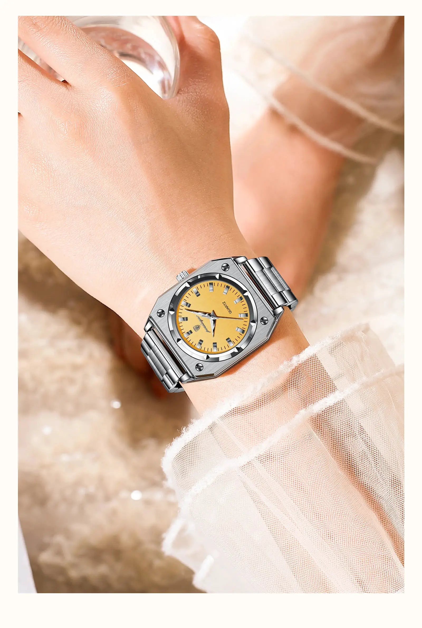 POEDAGAR stainless steel ladies wristwatch with gold dial