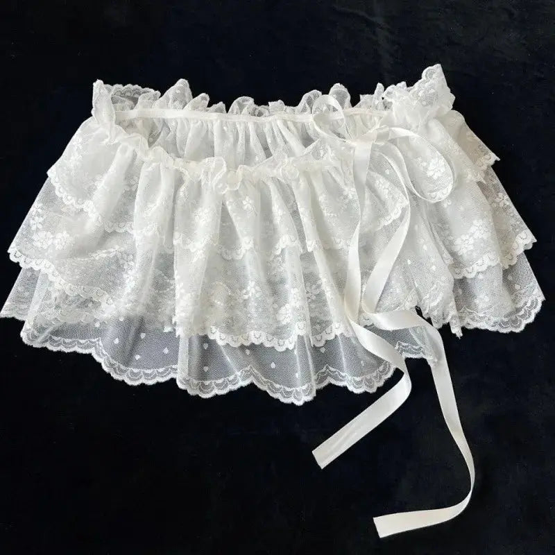 Simples Market white lace layered mini skirt with satin ribbon waist