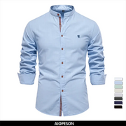 Men's light blue AIOPESON 100% cotton long-sleeve shirt with stand collar, brown buttons, Simples Market brand