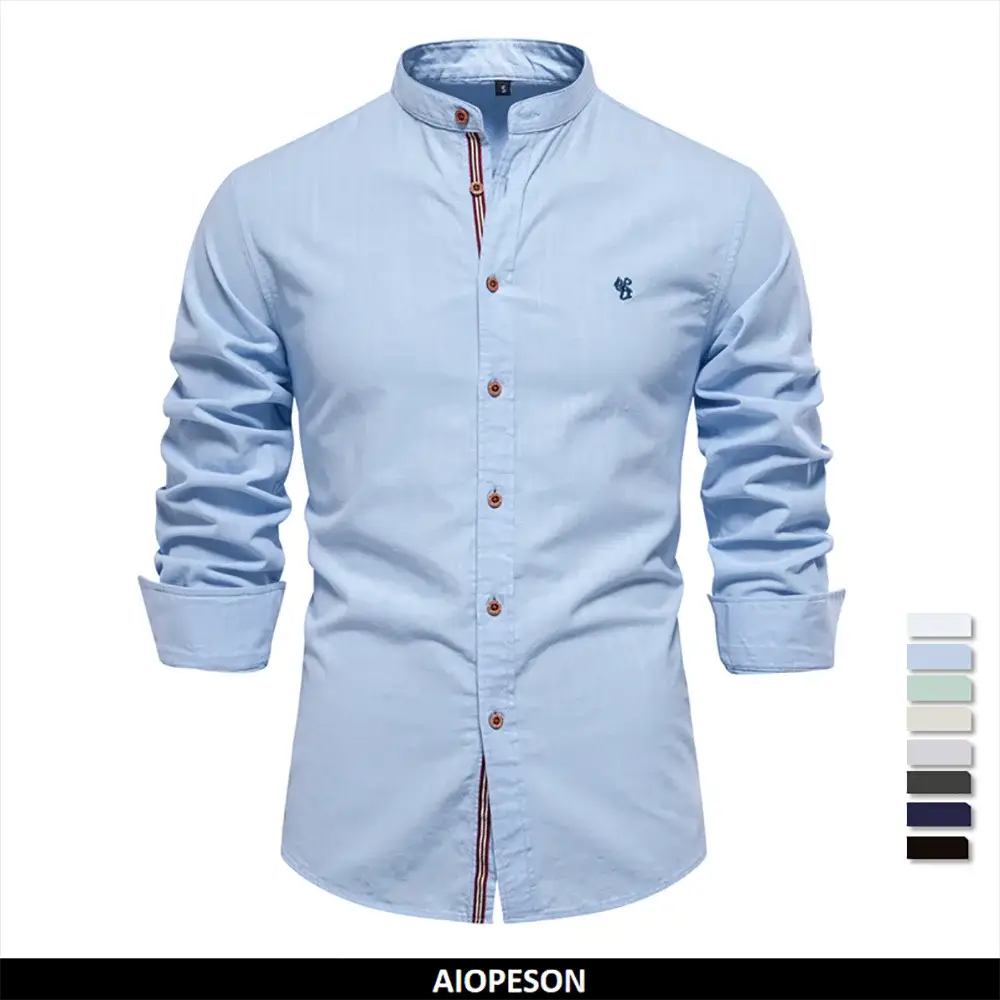 Men's light blue AIOPESON 100% cotton long-sleeve shirt with stand collar, brown buttons, Simples Market brand