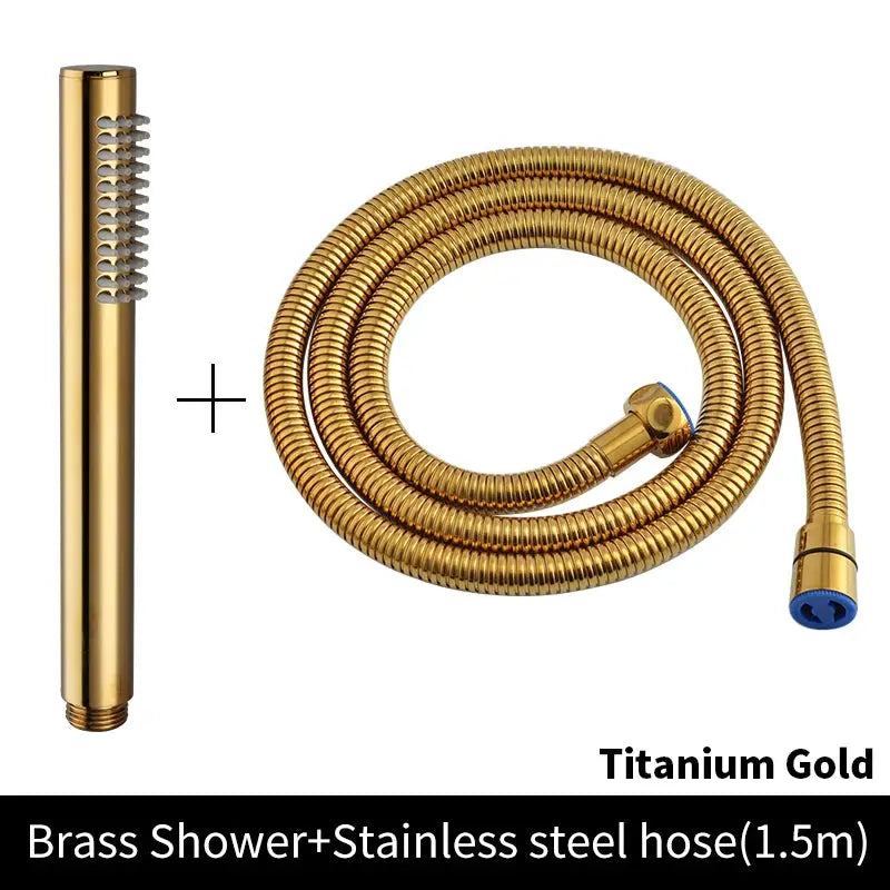 Two-piece titanium gold brass handheld shower head with stainless steel hose