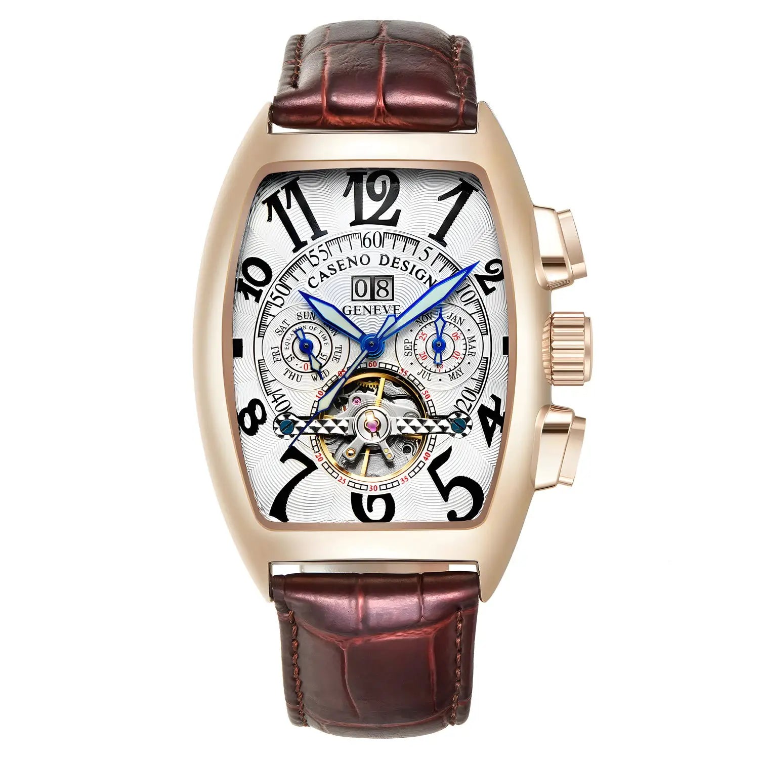 CASENO luxury men’s tourbillon skeleton watch, rose-gold case, blue hands, brown leather strap