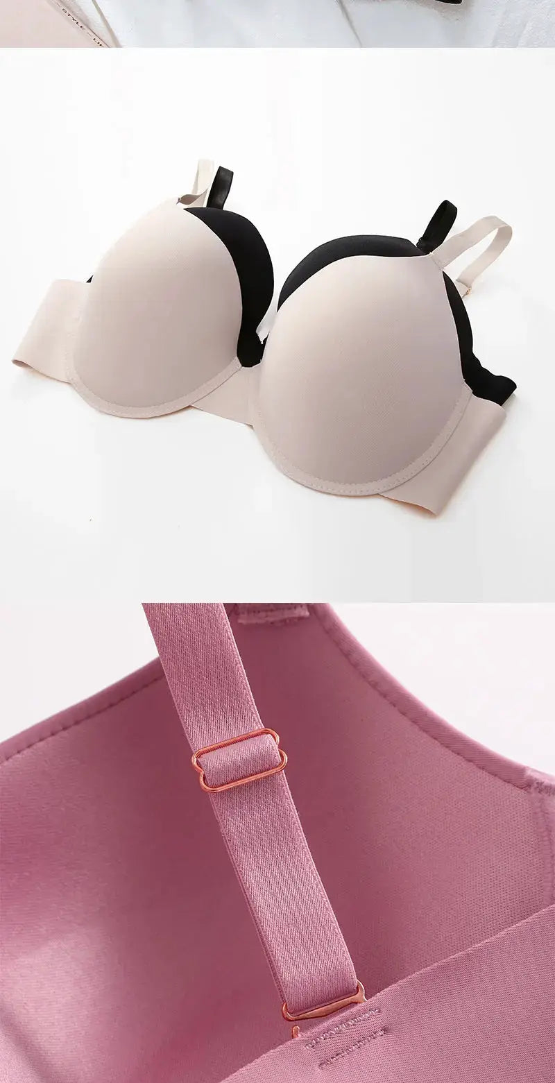 2-piece wireless push-up bra set in beige and pink with adjustable straps